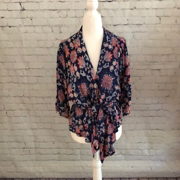 Navy Blue Hollister Belted 3/4 Sleeve Wrap Blouse Top Size Small - Picture 5 of 12